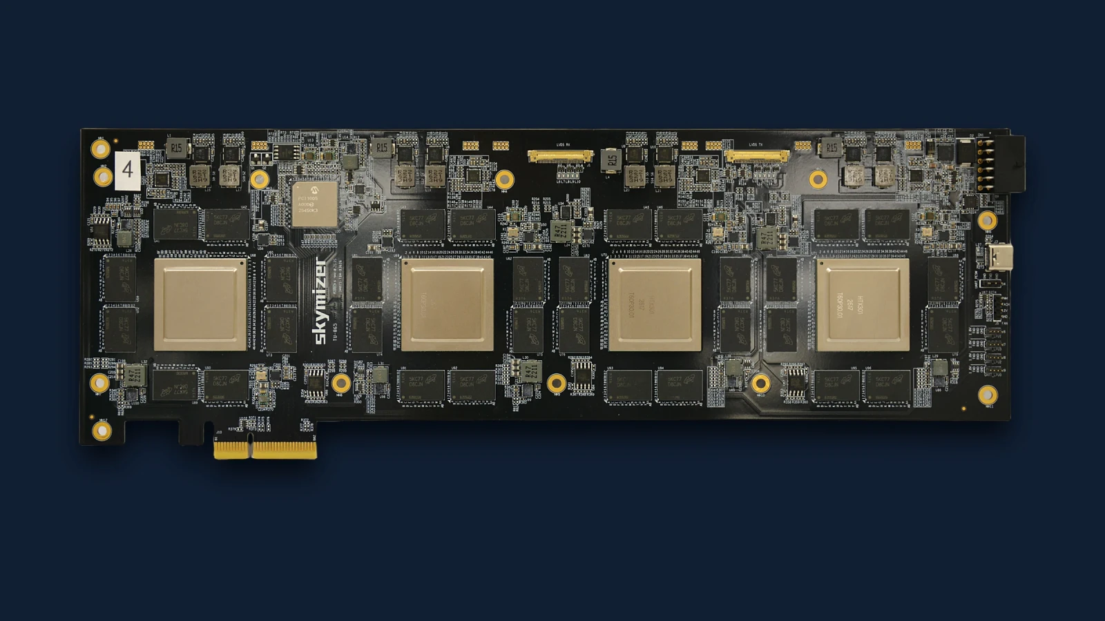 HTX301 PCIe accelerator card, front: four HTX301 chips surrounded by DRAM